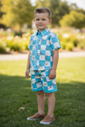 Blue & white checkered western printed boys two piece set.