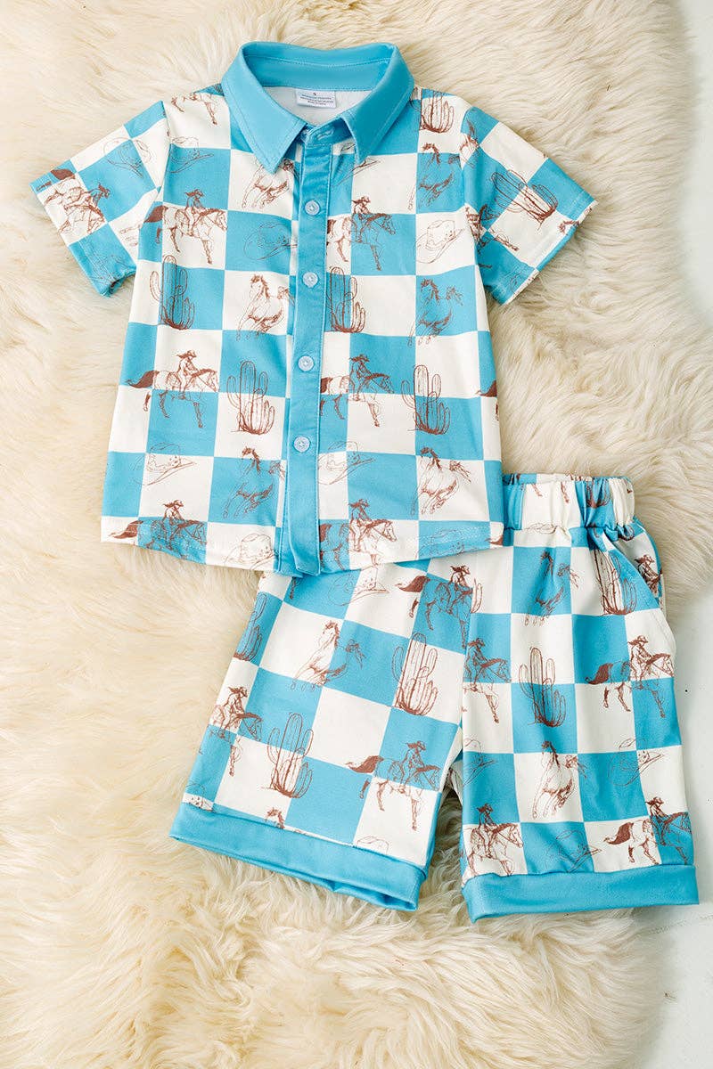 Blue & white checkered western printed boys two piece set.