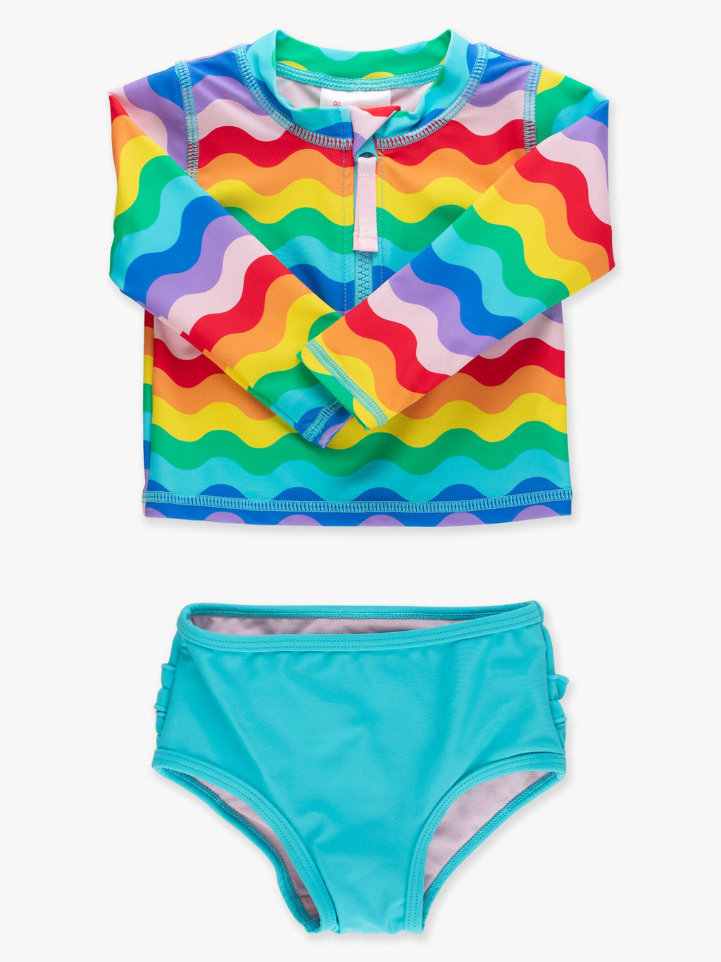 Girls Rainbow Wavy Stripe Long Sleeve Zipper Rash Guard 2-Piece Swimsuit with Signature Rear Ruffles