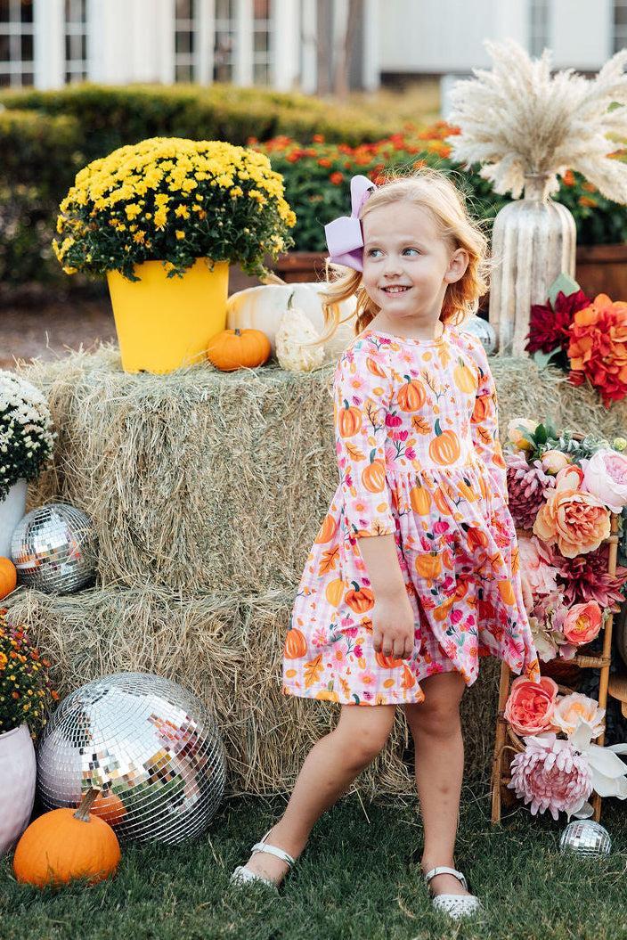 Pumpkin Party 3/4 Sleeve Pocket Twirl Dress