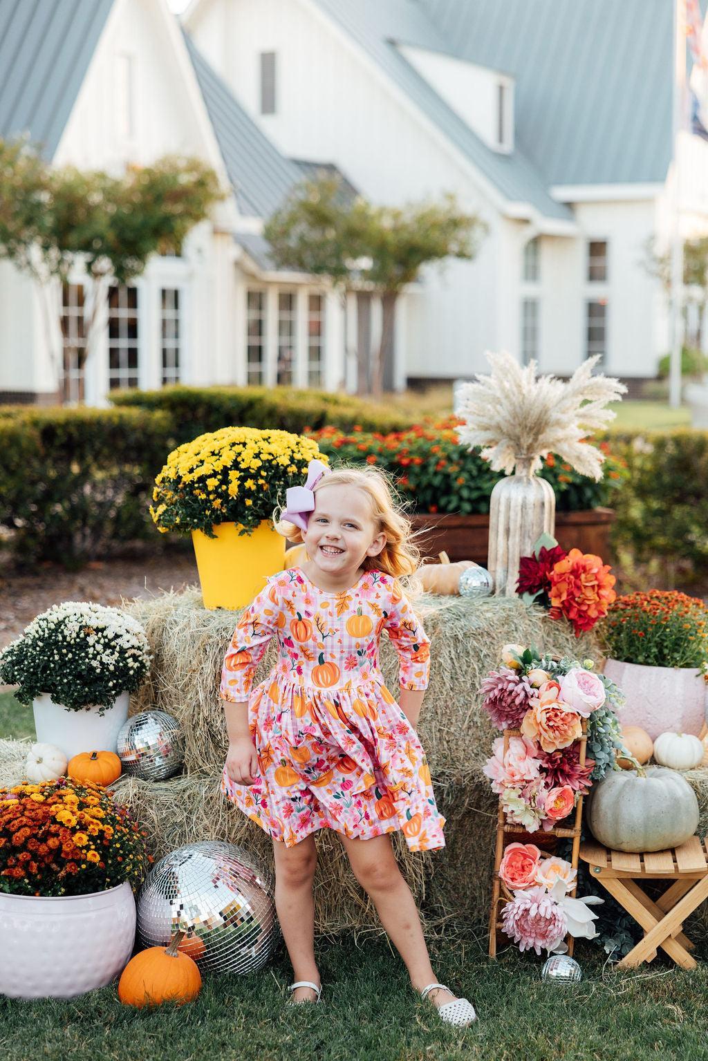 Pumpkin Party 3/4 Sleeve Pocket Twirl Dress